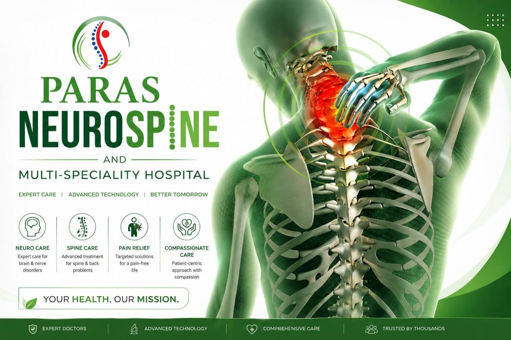 Paras Neurospine and Multi-Speciality Hospital green and white healthcare banner featuring a 3D human spine and neck anatomy, highlighting expert neuro care, spine care, pain relief, advanced technology, and comprehensive patient care