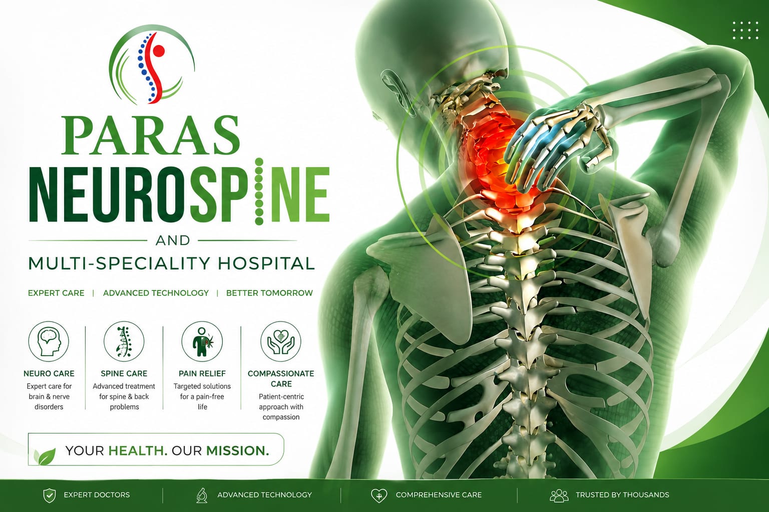 Paras Neurospine and Multi-Speciality Hospital green and white healthcare banner featuring a 3D human spine and neck anatomy, highlighting expert neuro care, spine care, pain relief, advanced technology, and comprehensive patient care