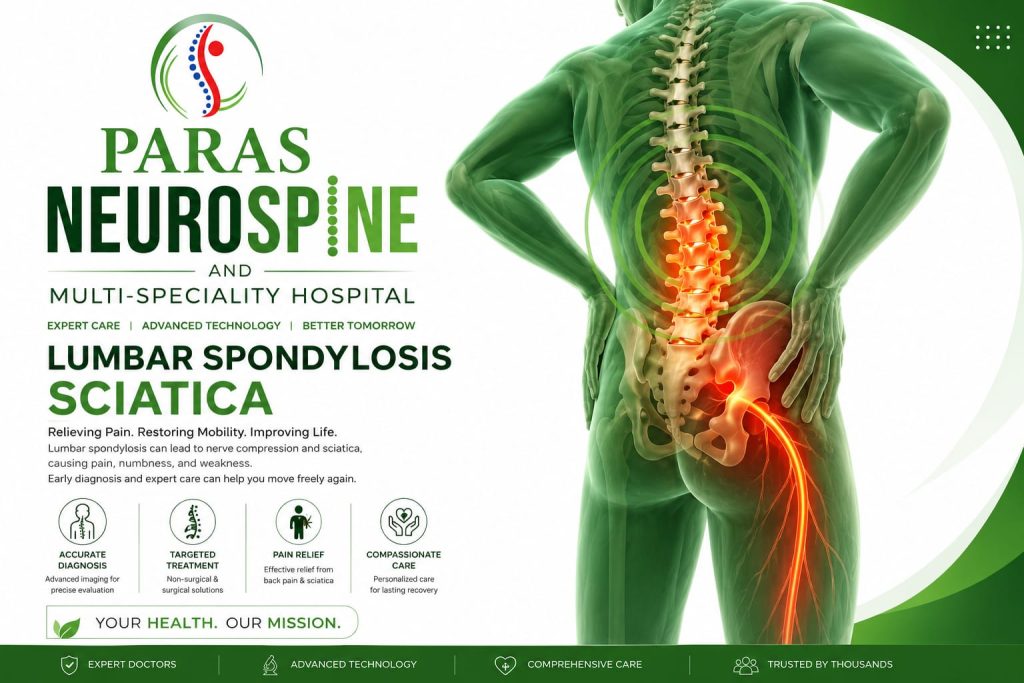 Paras Neurospine Hospital infographic highlighting lumbar spondylosis and sciatica treatment options with an anatomical spine illustration