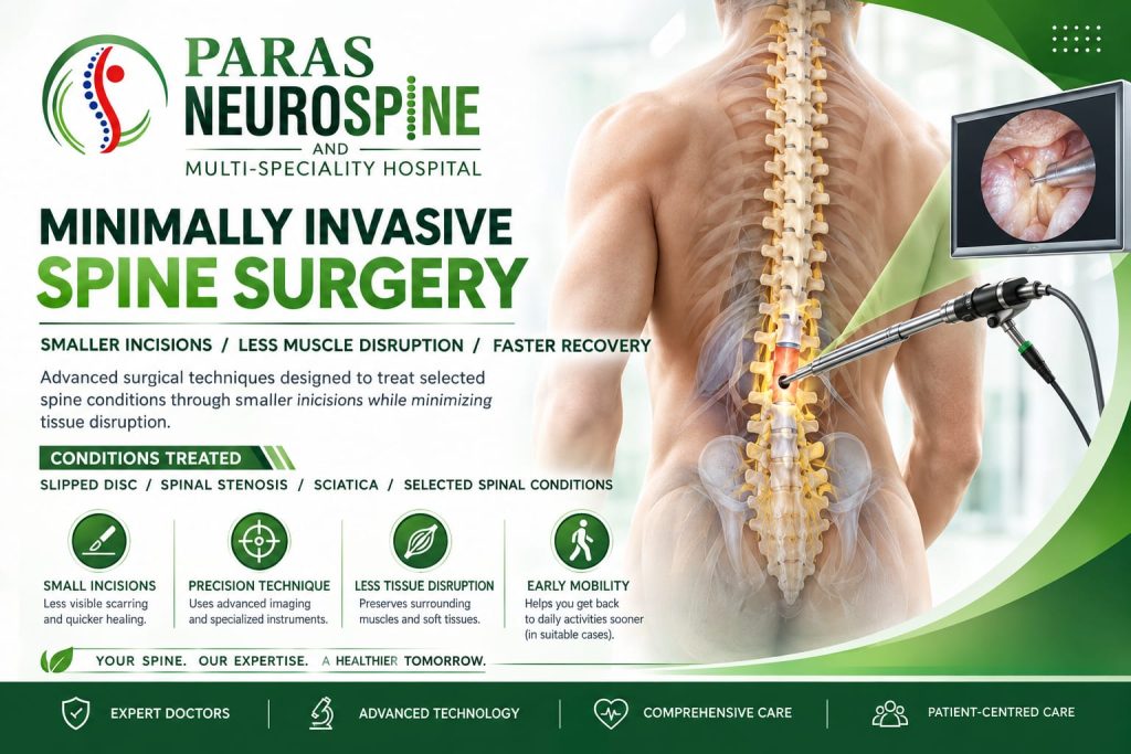 Paras Neurospine Hospital banner detailing minimally invasive spine surgery benefits, treated conditions, and advanced endoscopic technique.